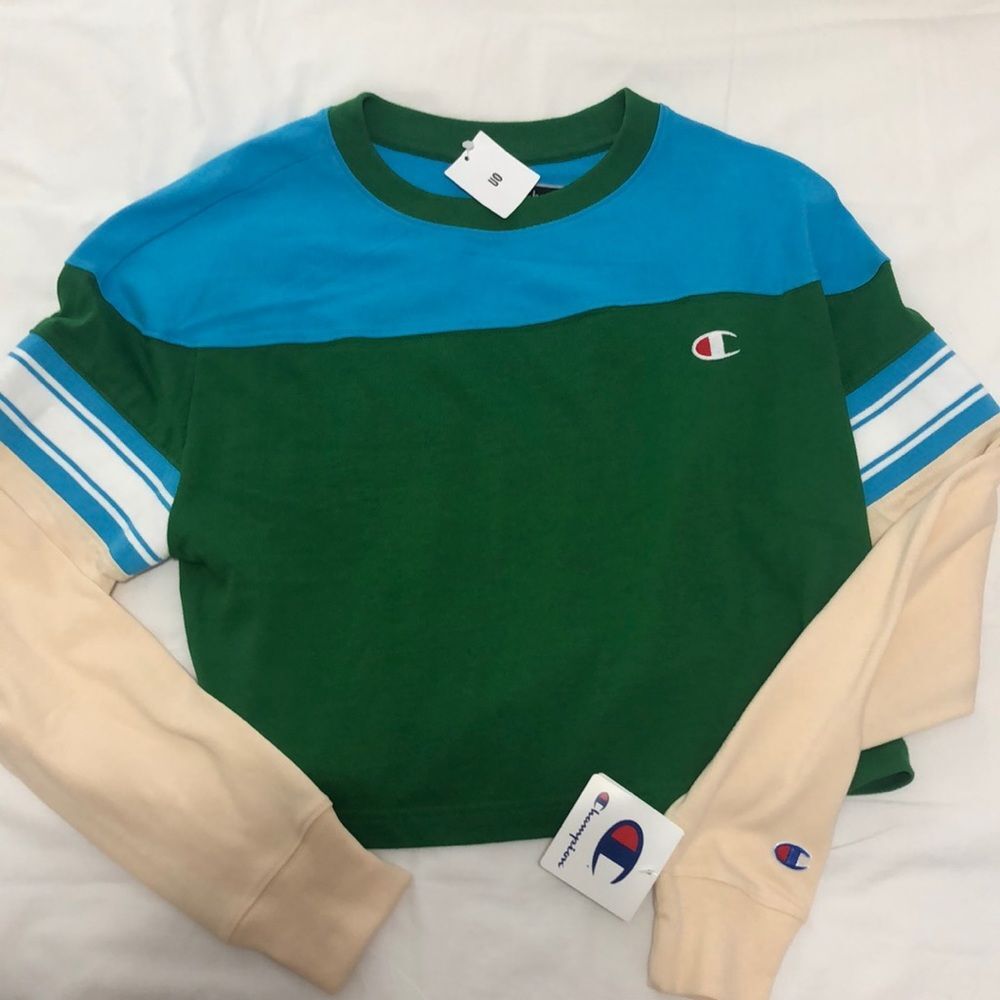 Champion Colorblock Green Blue Cream Cropped Sweatshirt